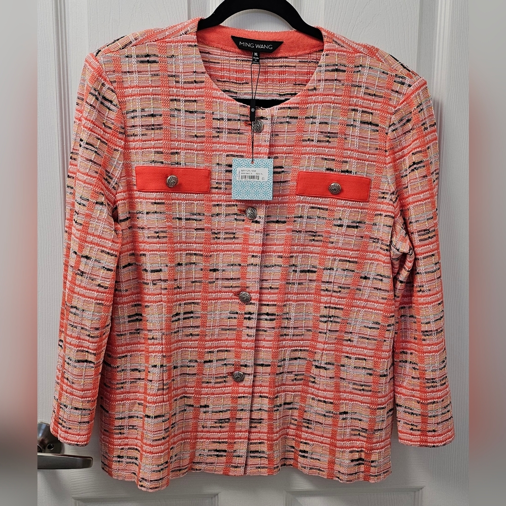 Ming Wang Coral Plaid Tweed Jacket with Red Trim Super Cute!